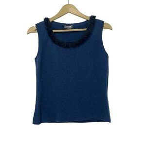 Fathi Due Cashmere Navy Blue Fringe Neckline Tank Top Size Small